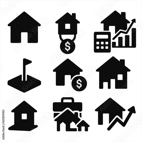 Real Estate Icons. Solid style icons of real estate investment: property icon, rental income, real estate ROI, housing market
