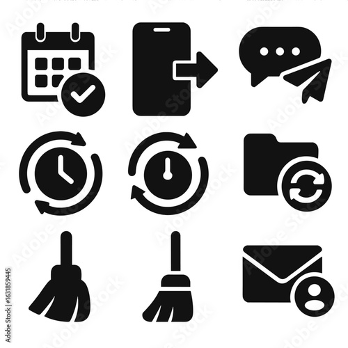 Automation Icons Collection. Solid style icons of task automation: daily task scheduler, app opener, auto message sender, backup