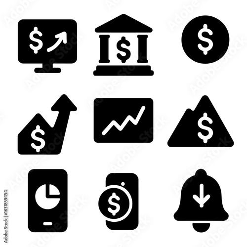 Price Tracking Icons. Solid style icons of price tracking: real-time price icon, market cap icon, daily gain, watchlist badge,