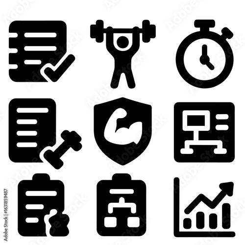 Workout Tracker Icons. Solid style icons of workout tracking: exercise log, gym session icon, workout timer, reps and sets log,