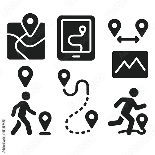 GPS Tracking Icons. Solid style icons of GPS and route tracking: GPS path map, route preview, distance icon, elevation chart,