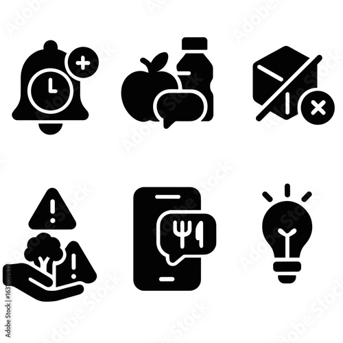 Diet Reminder Icons. Solid style icons of diet reminders: eat time alert, snack reminder, water reminder, skip sugar alert,