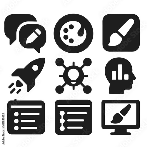 Creative Space Icons. Solid style icons of virtual creativity spaces: creative chat bubbles, flow state ring, art app badge, user