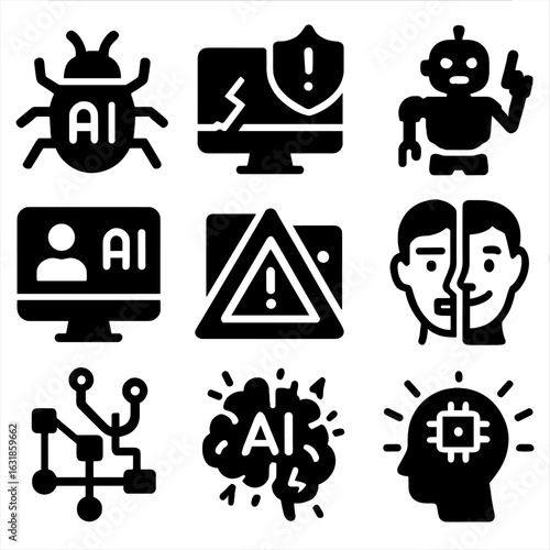 AI Threat Icons. Solid style icons of AI threats and risks: AI virus bug, system corruption icon, rogue robot, AI data breach,
