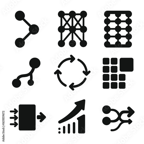 Neural Network Icons. Solid style icons of neural networks: node connection icon, deep learning architecture, layered neuron map,