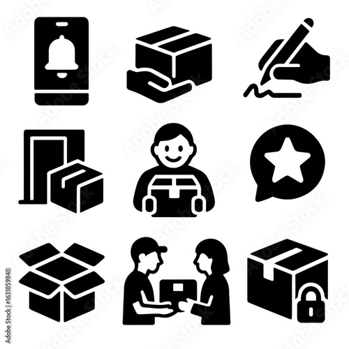 Customer Delivery Icons. Solid style icons of customer delivery experience: delivery notification icon, contactless delivery box,
