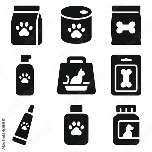 Pet Product Icons. Solid style icons of pet product packaging: dry pet food bag, canned pet food icon, pet treat pouch, grooming