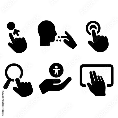 Accessibility Gesture Icons. Solid style icons of accessibility gestures: one-finger zoom icon, voice-over swipe, simplified tap
