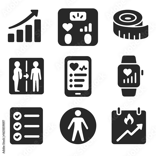 Fitness Tracking Icons. Solid style icons of progress tracking: fitness chart icon, scale with stats, body measurement tape,