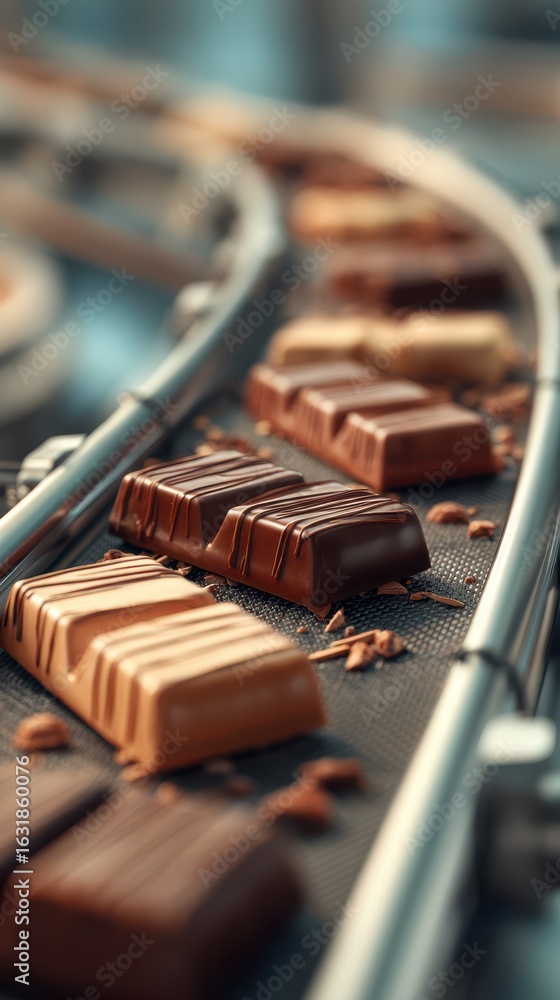 Naklejka premium Chocolate bars being processed on a conveyor belt in a factory setting during daylight hours