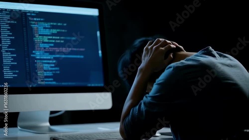 Frustrated programmer holding his head in despair in front of a computer with code, a concept of professional burnout, coding errors, and deadline pressure in the it industry