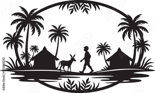 Traditional Village Silhouette Scenery with Huts, Palm Trees & Farmers