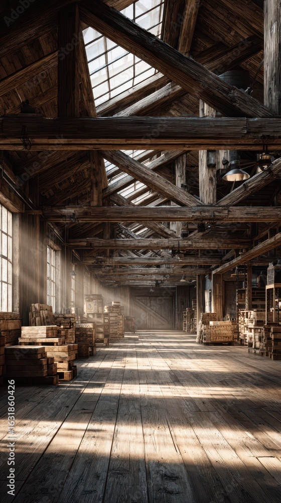 Fototapeta premium Rustic warehouse interior with wooden beams and sunlight filtering through windows in an industrial setting