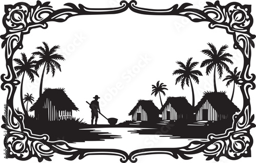 Traditional Village Silhouette Scenery with Huts, Palm Trees & Farmers