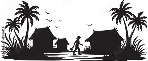 Traditional Village Silhouette Scenery with Huts, Palm Trees & Farmers