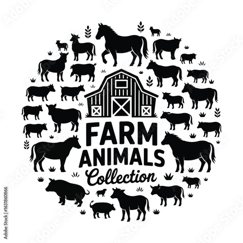Farm animals and barn silhouettes arranged in a circle