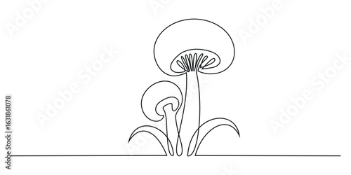 Mushroom one continuous line drawing. Nature food in simple linear style. Edible autumn harvest in editable stroke. Hand drawn mushroom vector illustration	
