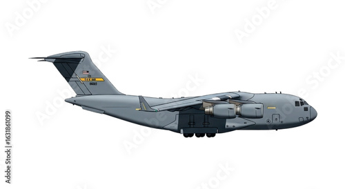 Realistic C-17 Globemaster III Military Transport Aircraft in Matte Gray Camouflage – Side View Aviation Art