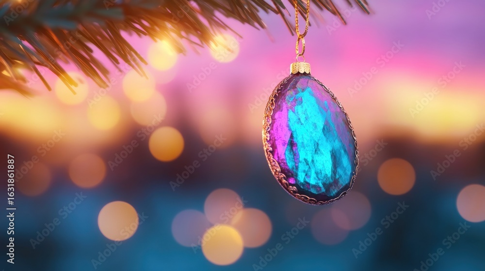 Fototapeta premium Colorful pendant hanging from a tree branch against a sunset backdrop