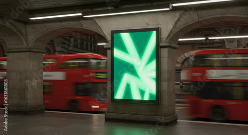 Futuristic glowing green billboard on a city subway platform with blurred red double-decker buses passing by