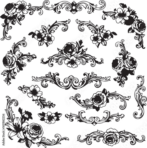 Black and white collection of floral baroque decorative elements and corner ornaments on a white background