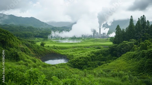 Geothermal Power Plant in Lush Green Volcanic Valley.