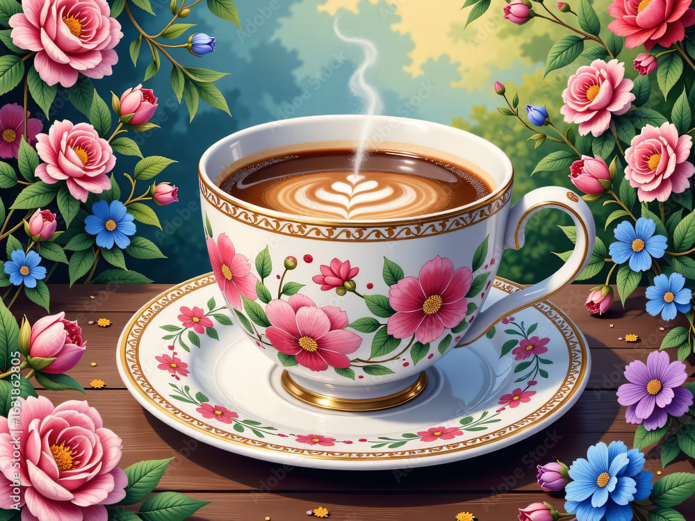 Fototapeta premium Cup of coffee and flowers