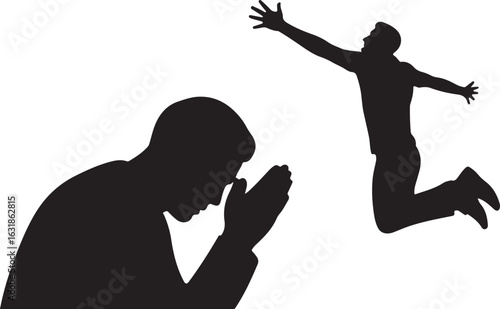 Silhouette of a man's emotional journey from prayer and sadness to joyful success and freedom.
