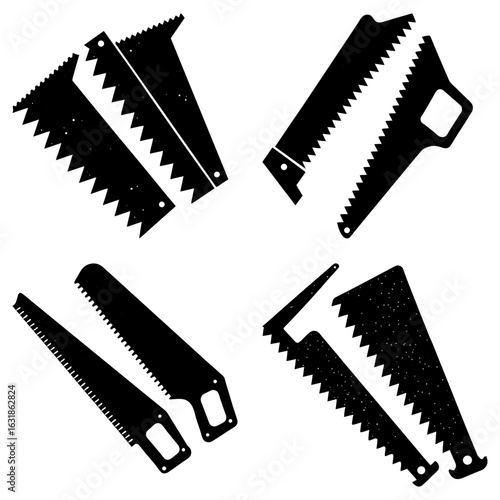 Illustration showcasing four sets of hand saws, each featuring distinct blade and handle designs in black and white