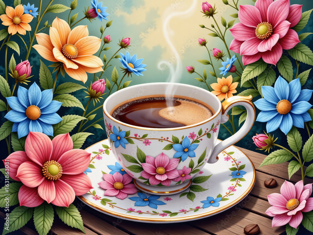 Fototapeta premium Cup of coffee and flowers