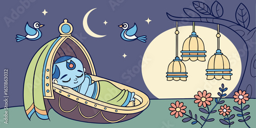 Cute baby krishna sleeping peacefully in a cradle under the moonlit sky