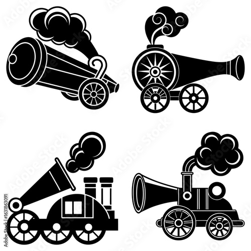Illustration of four steam powered vehicles resembling cannons and locomotives in black and white style