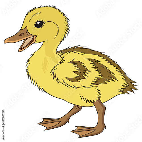 Cute yellow duckling with brown stripes isolated on white background