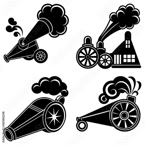 A collection of black and white vintage steam powered devices including cannons, train and a whistle icon