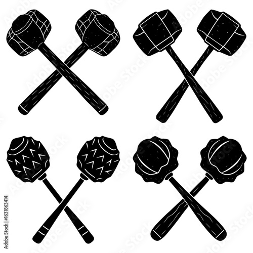 Illustration of four crossed medieval maces with different head designs in black and white color scheme