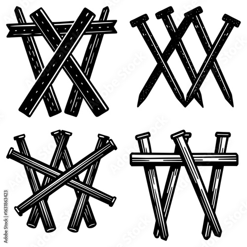 Illustration showing four different arrangements of nails and wooden planks in black and white style