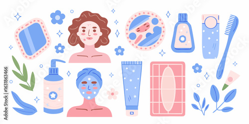 Flat illustration of skincare products and people