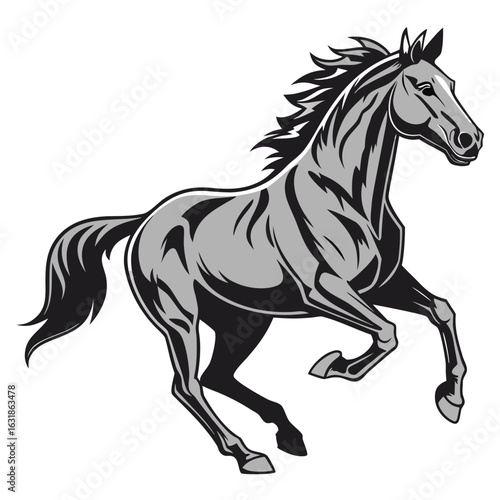 Stylized black and gray horse galloping isolated on white background