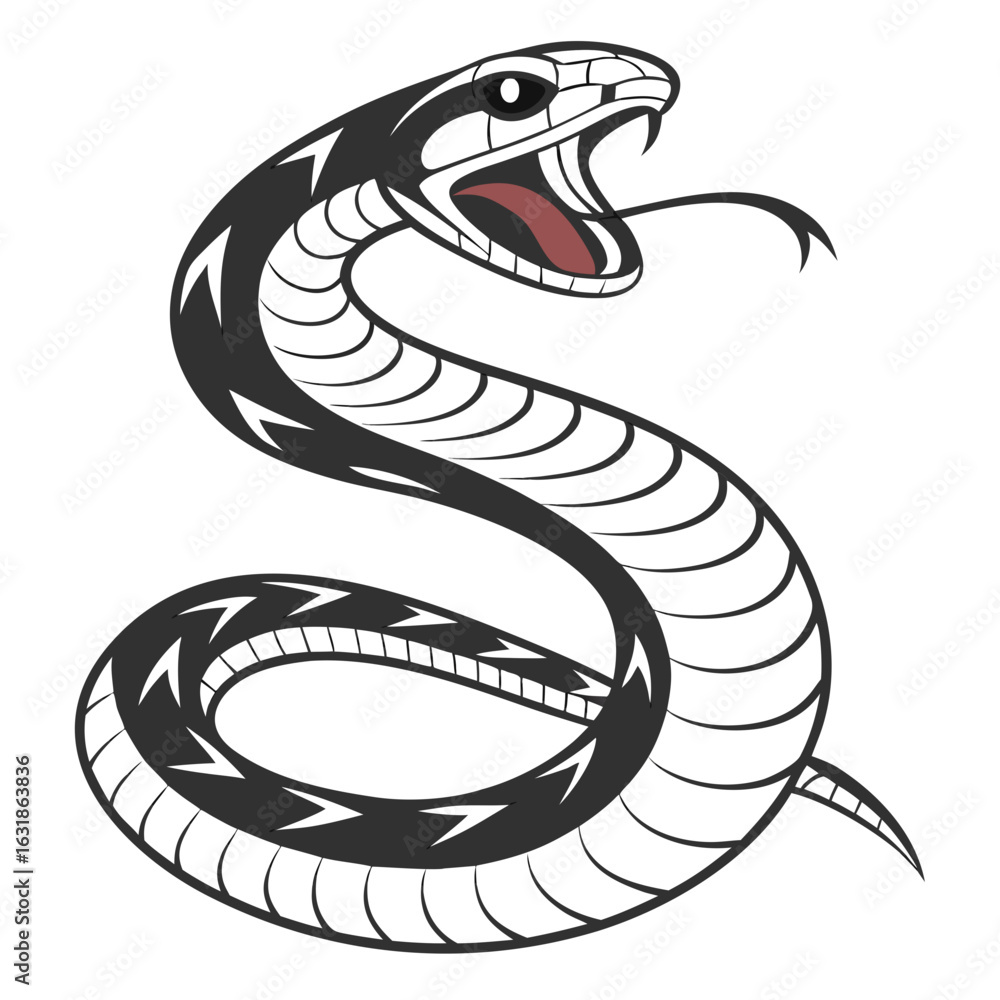 Fototapeta premium Stylized black and white cobra striking with open mouth isolated on white background
