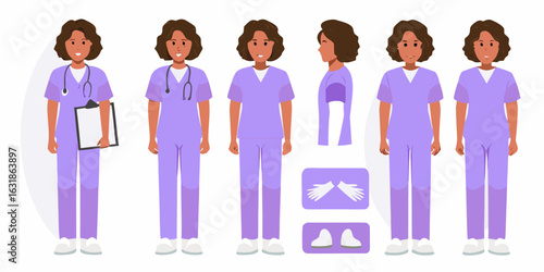 Female medical professional character design with multiple views