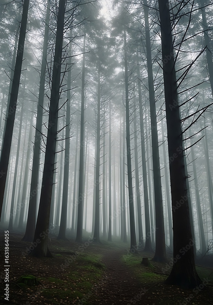 Naklejka premium Ethereal forest canopy view with slender trees enveloped in a dense misty atmosphere