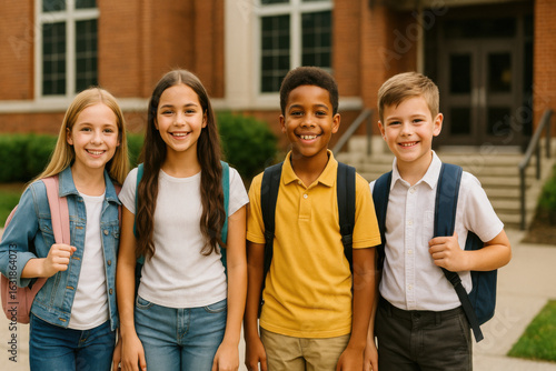 Smiling school kids with backpacks standing outside school building, back to school
