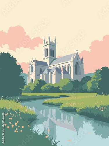 Winchester – Cathedral façade and water meadows in limestone white, meadow green, church gray, and dawn pink