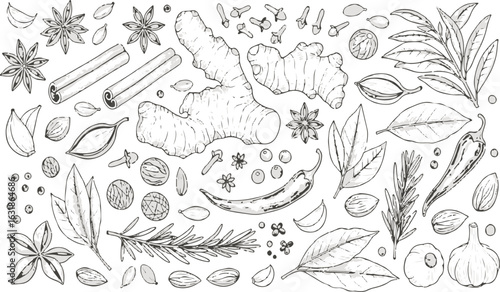 Hand-drawn spices and herbs on white background