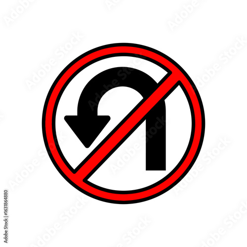 No U-turn traffic sign symbol. A prohibitory road sign with a black arrow inside a red circle, isolated on a white background.