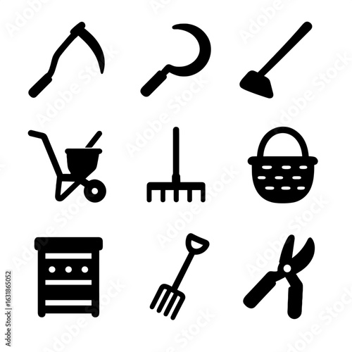 Field Work Tools Icons. Solid style icons of field work tools: scythe icon, sickle tool, soil hoe, manual seeder, garden rake,