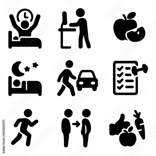 Healthy Habits Icons. Solid style icons of healthy habits: early rise icon, standing desk, nutritious snack, consistent bedtime