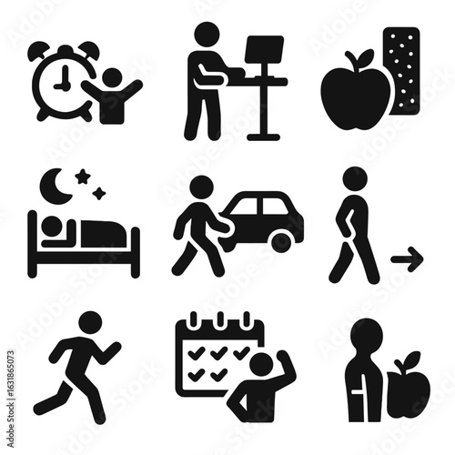 Healthy Habits Icons. Solid style icons of healthy habits: early rise icon, standing desk, nutritious snack, consistent bedtime