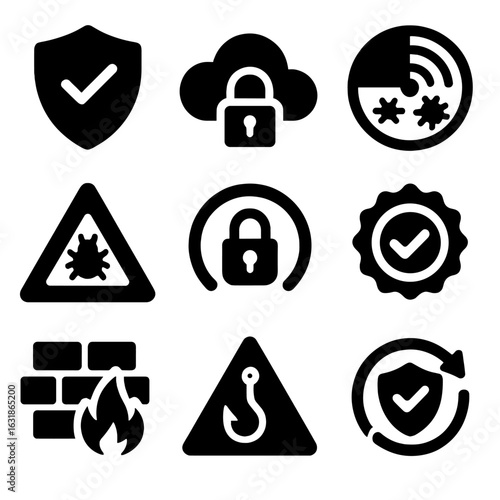 Cybersecurity System Icons. Solid style icons of cybersecurity systems: antivirus shield, secure cloud icon, threat detection