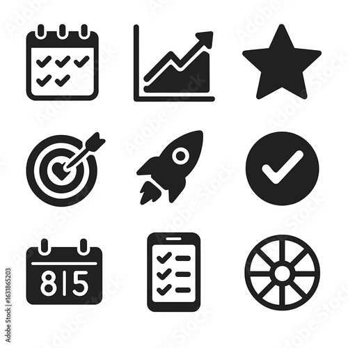 Wellness Tracking Icons. Solid style icons of wellness tracking: habit tracker calendar, health graph rising, progress star icon,